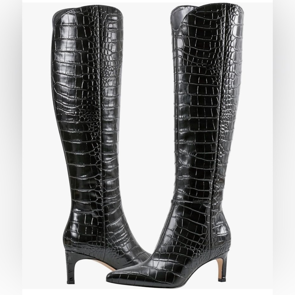 Marc Fisher Black Croc-Embossed Over-the-Knee Stiletto Boots